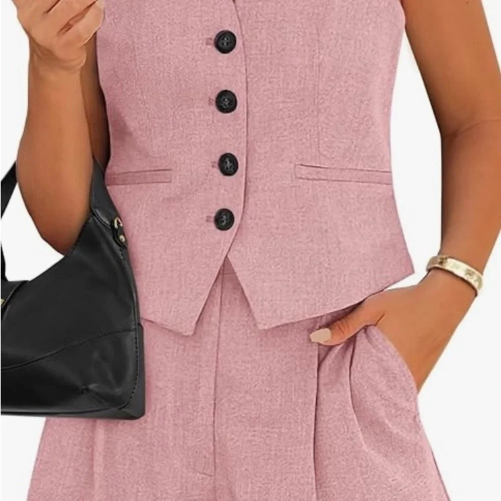 Sleeveless Pink Tailored Vest & Short Set - Women's Jumpsuit Alternative - Picture 2 of 2